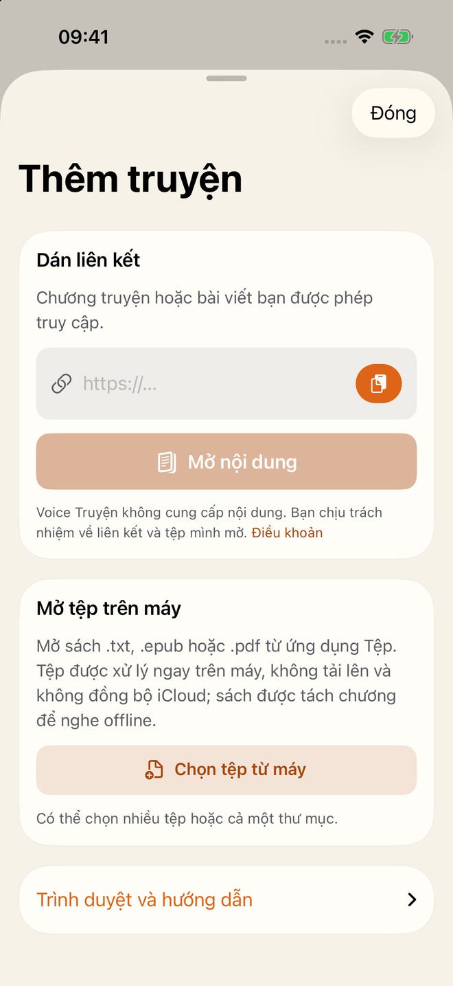 Màn hình Thêm truyện: dán đường dẫn chương truyện chữ