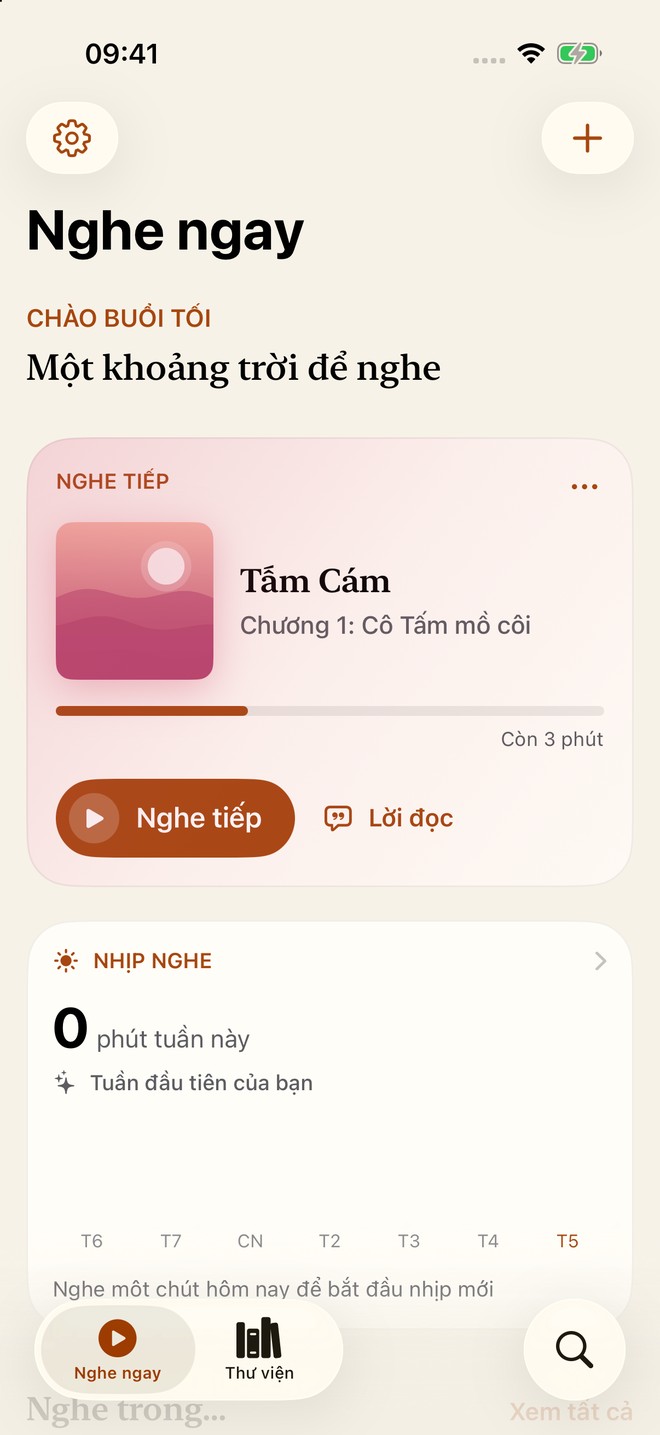 Màn hình Nghe ngay của app nghe truyện Voice Truyện trên iPhone